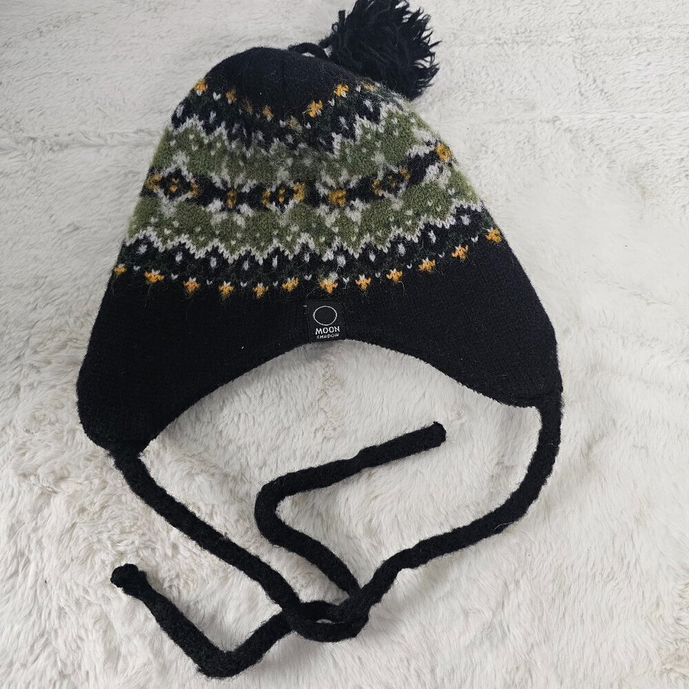 Moon Shadow Green Black Wool Knit Pom Ear Flap Hat Canada S